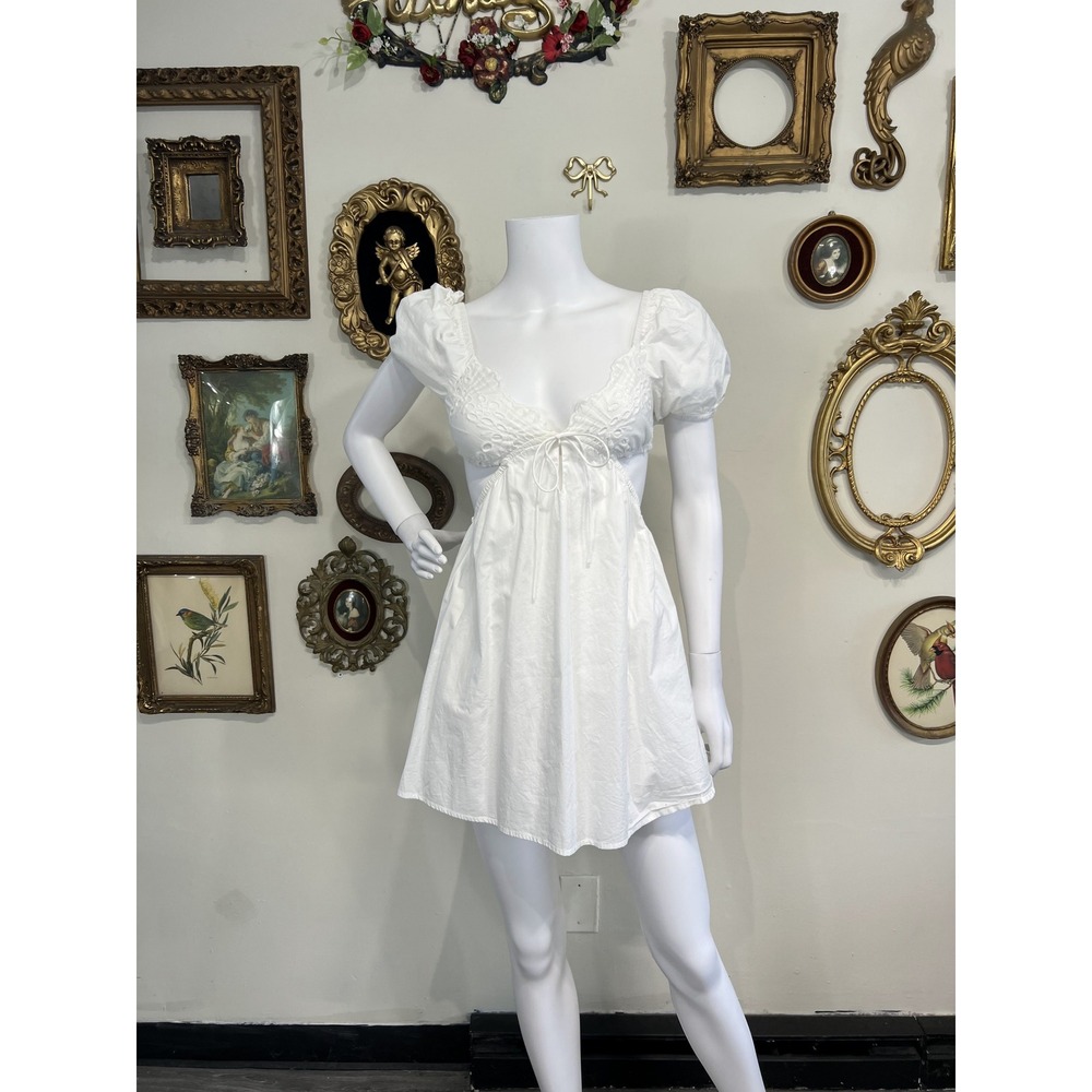 More to Come White Eyelet Cutout Puff Sleeve Mini Dress XS